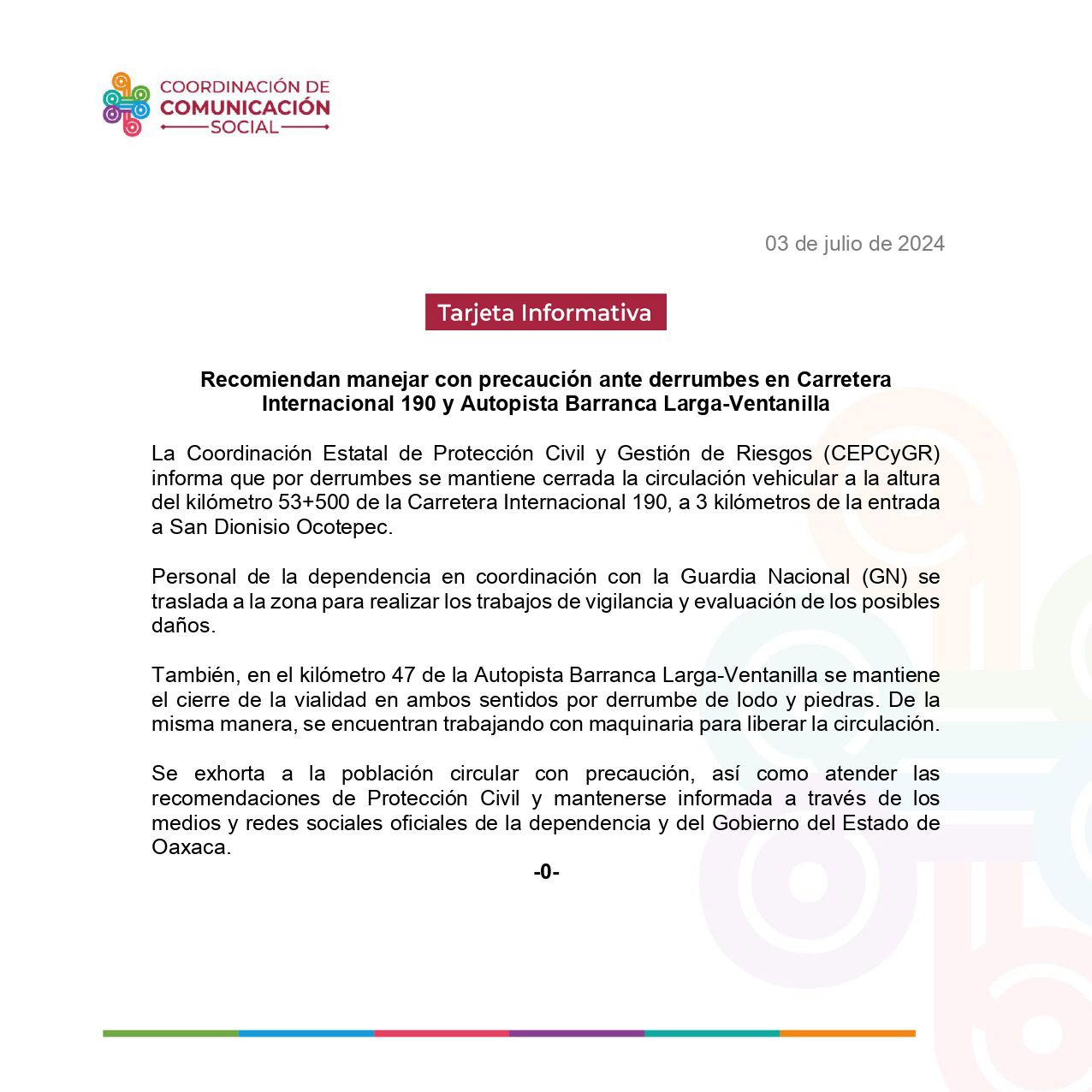 Recomiendan manejar con precaución ante derrumbes en Carretera Internacional 190 y Autopista Barranca Larga-Ventanilla