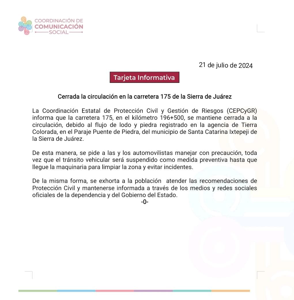 Cerrada la circulación en la carretera 175 de la Sierra de Juárez