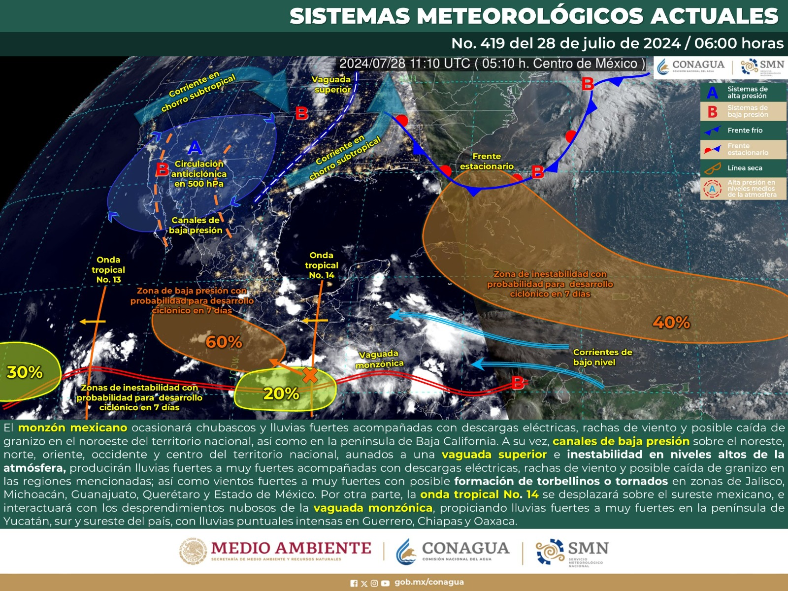 Aproximación de la onda tropical número 14 mantendrá lluvias en gran parte de Oaxaca