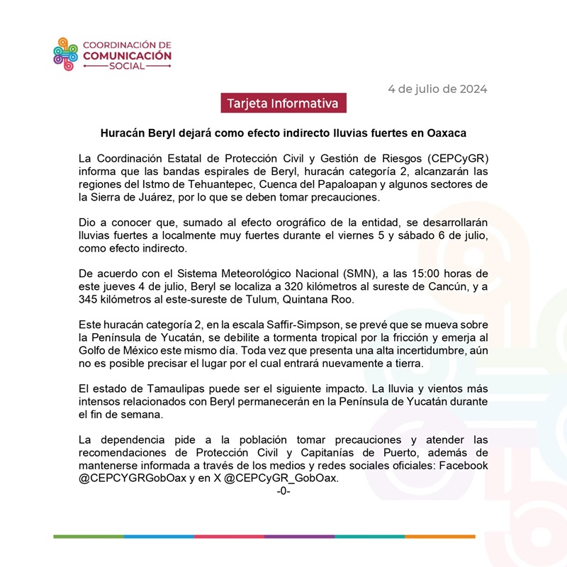 Huracán Beryl dejará como efecto indirecto lluvias fuertes en Oaxaca