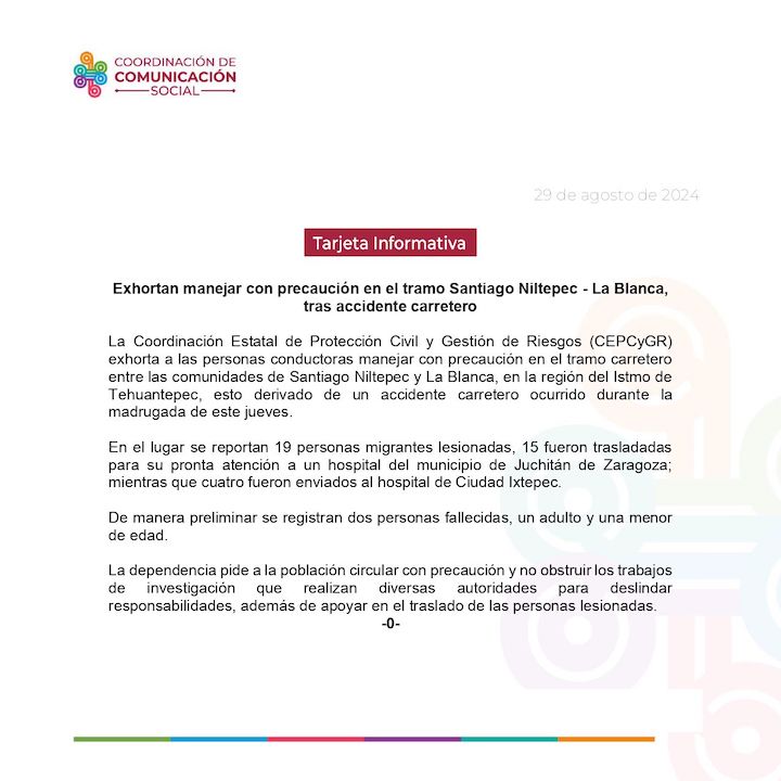 Exhortan manejar con precaución en el tramo Santiago Niltepec – La Blanca, tras accidente carretero