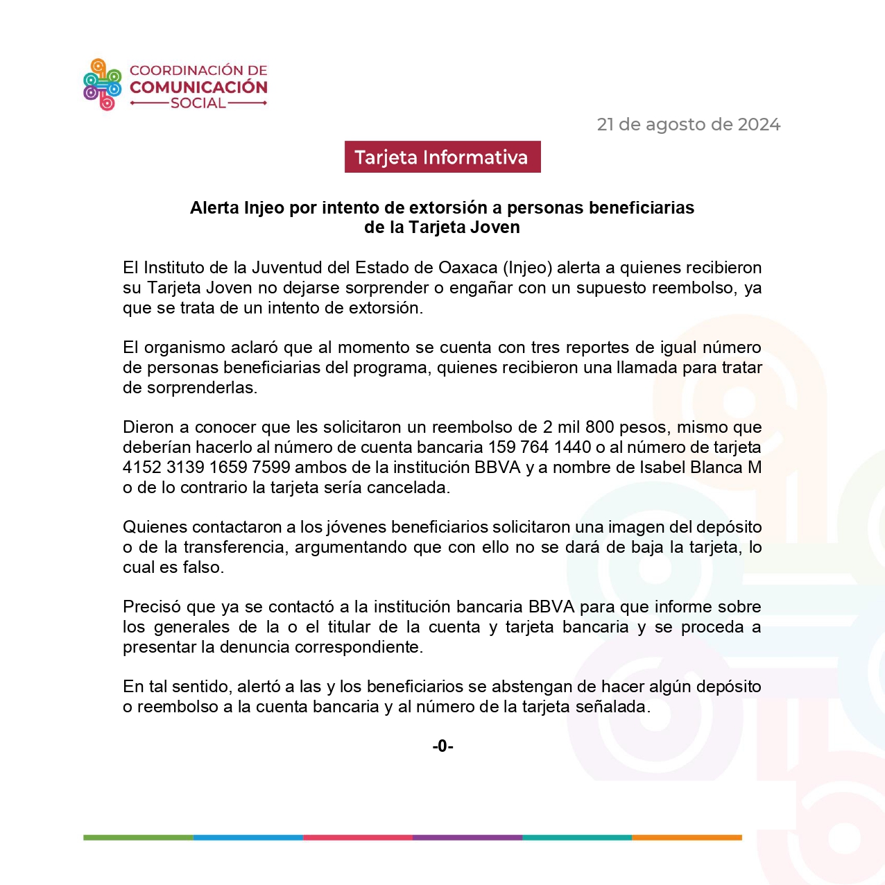 Alerta Injeo por intento de extorsión a personas beneficiarias de la Tarjeta Joven