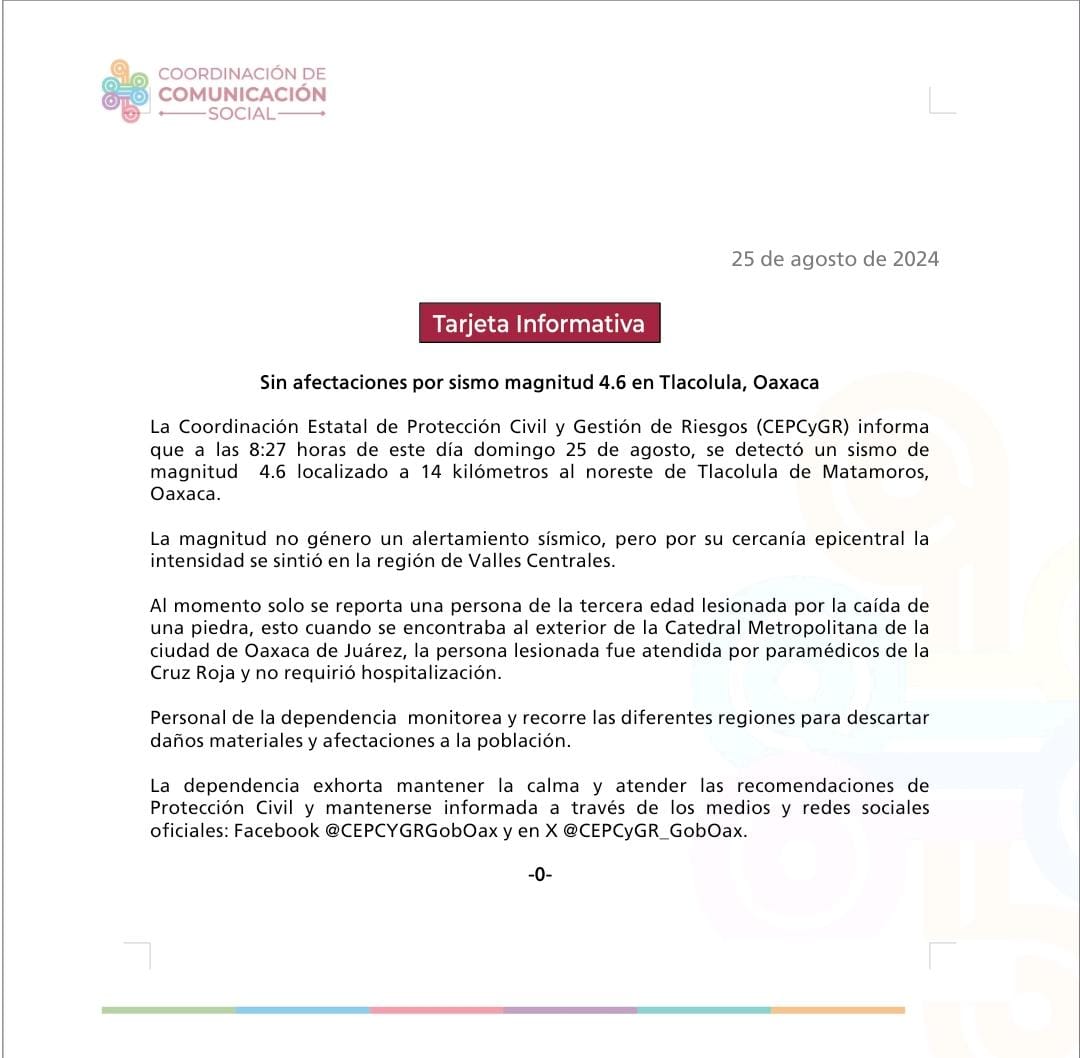 Sin afectaciones por sismo magnitud 4.6 en Tlacolula, Oaxaca