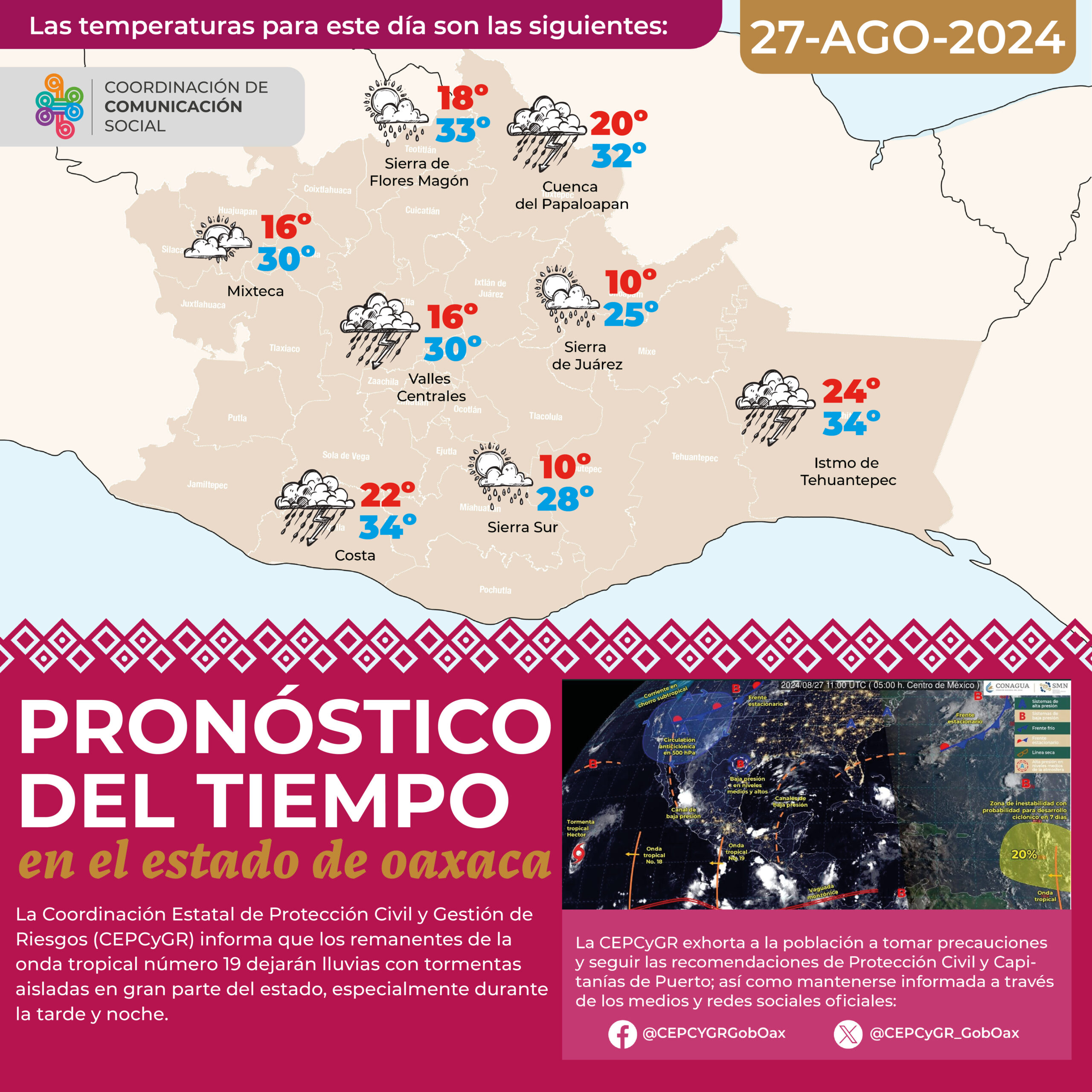 Remanentes de onda tropical número 19 mantendrán lluvias con tormentas en Oaxaca