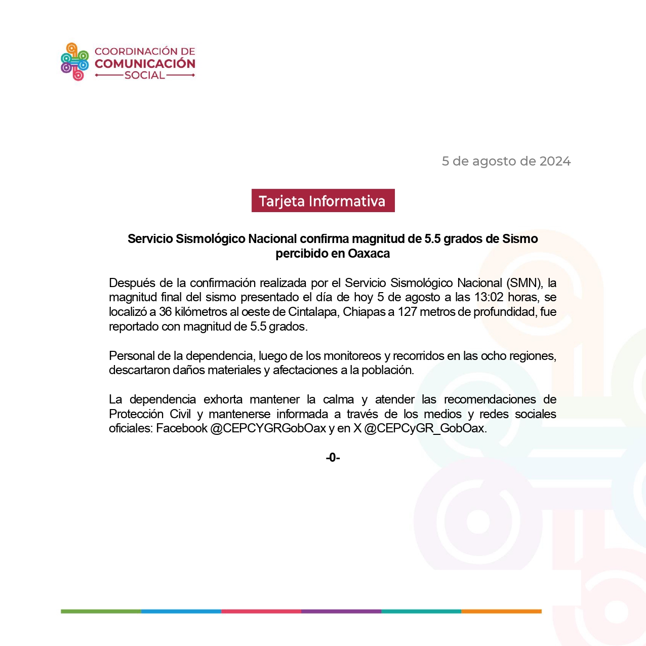 Servicio Sismológico Nacional confirma magnitud de 5.5 grados de Sismo percibido en Oaxaca