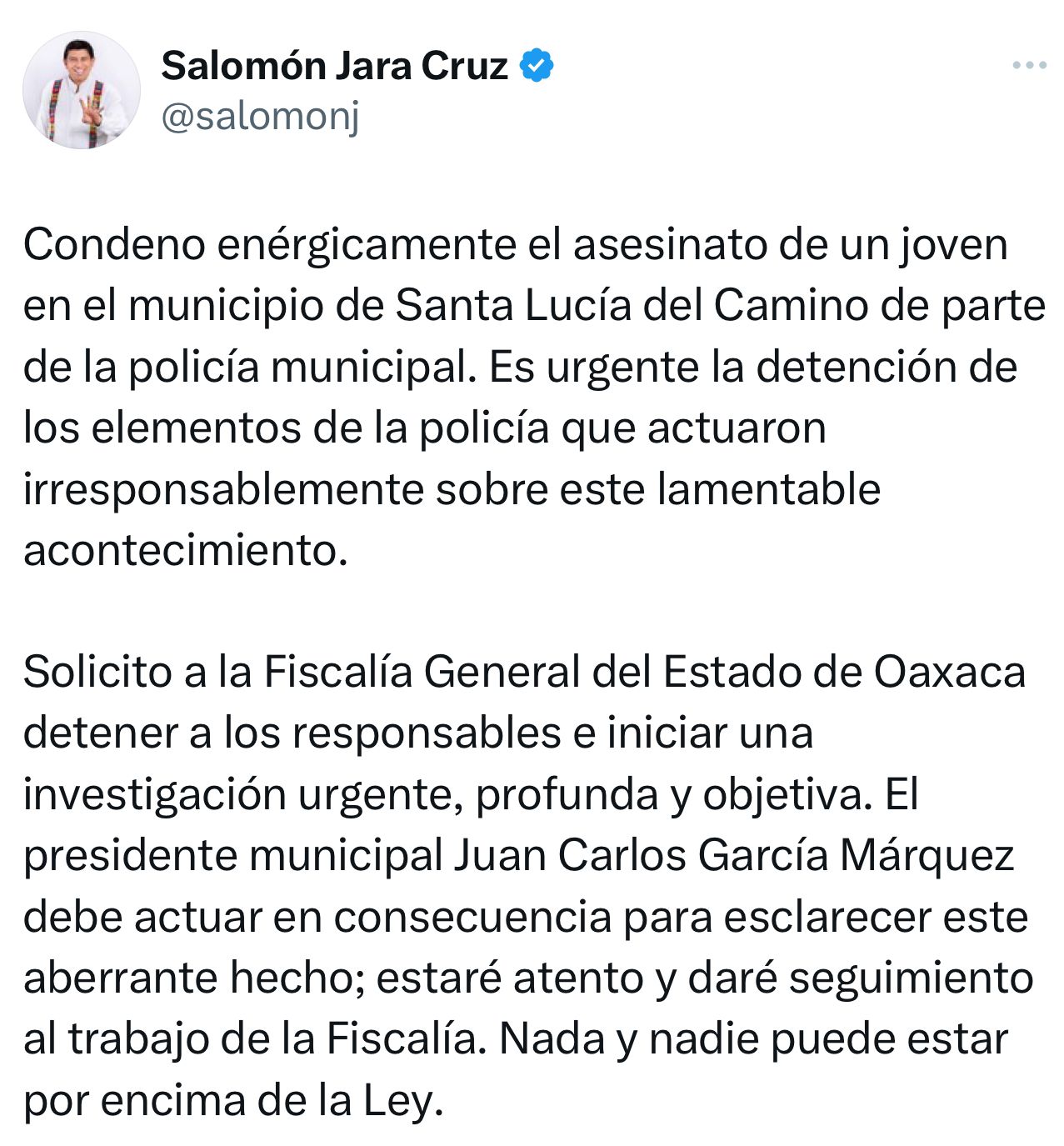 Condena Gobernador Salomón Jara asesinato de joven en Santa Lucía del Camino