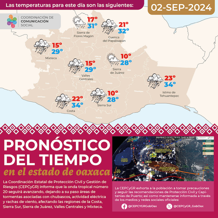 Prevén tormentas durante la tarde-noche de este lunes en Oaxaca