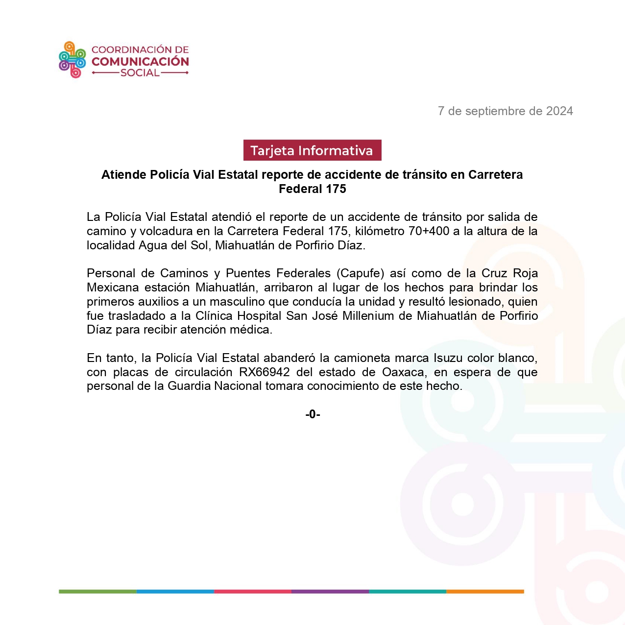 Atiende Policía Vial Estatal reporte de accidente de tránsito en Carretera Federal 175