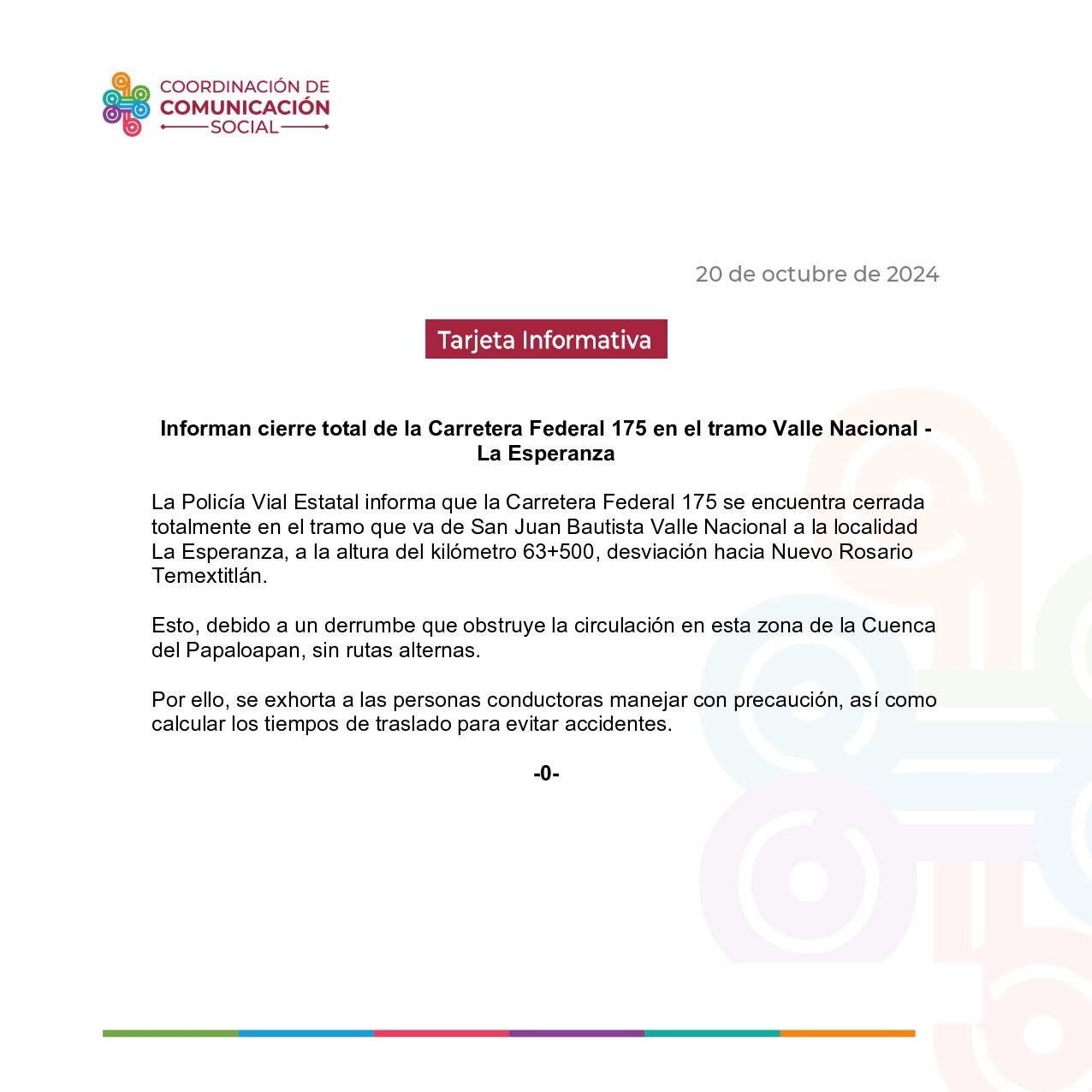Informan cierre total de la Carretera Federal 175 en el tramo Valle Nacional – La Esperanza