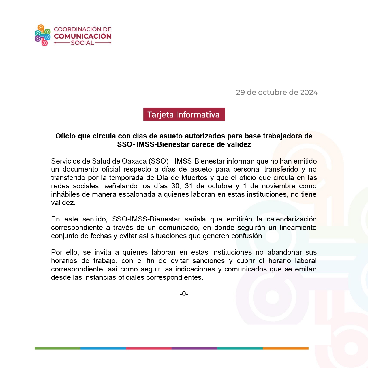Oficio que circula con días de asueto autorizados para base trabajadora de SSO- IMSS-Bienestar carece de validez