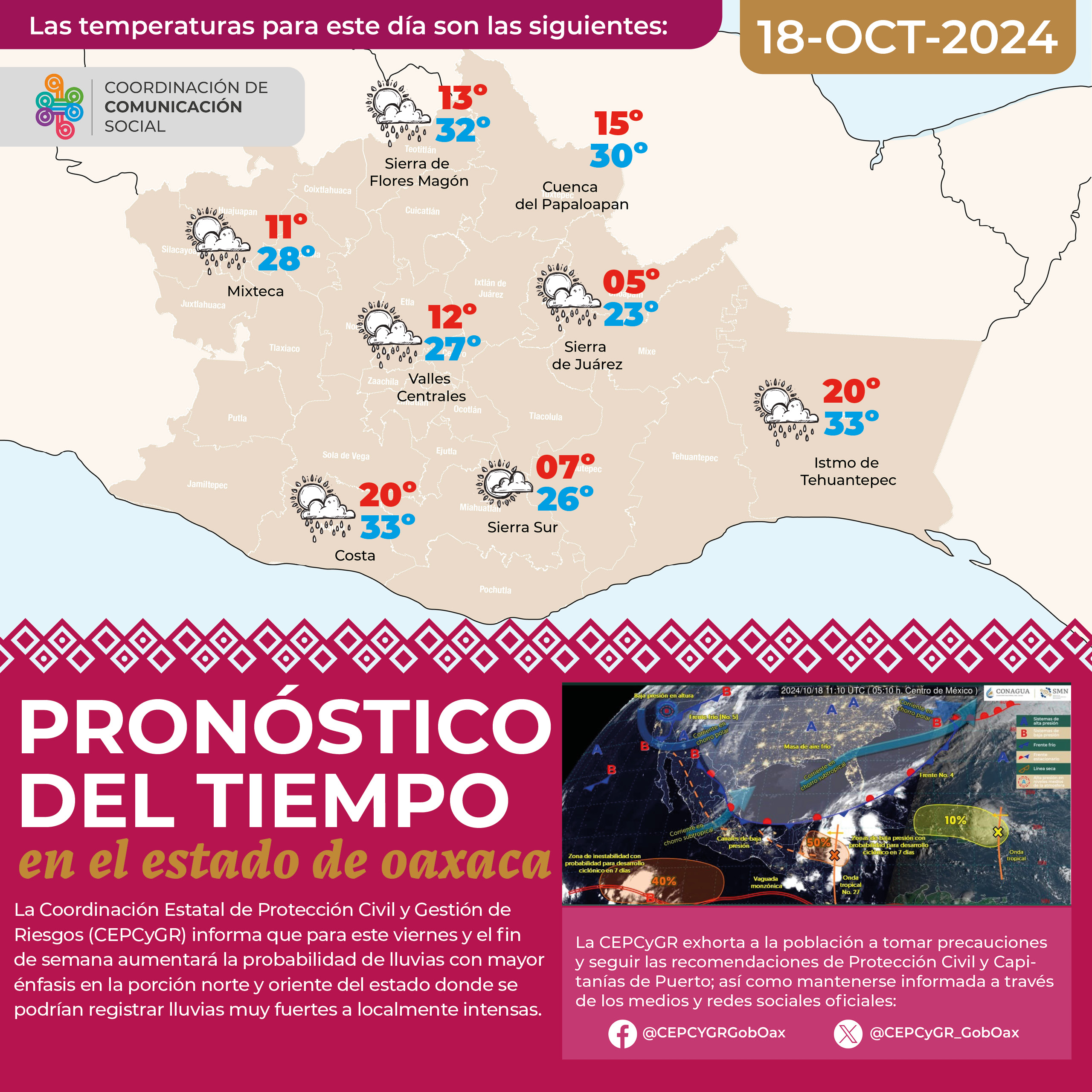 Pronostican lluvias para este día y el fin de semana en territorio oaxaqueño