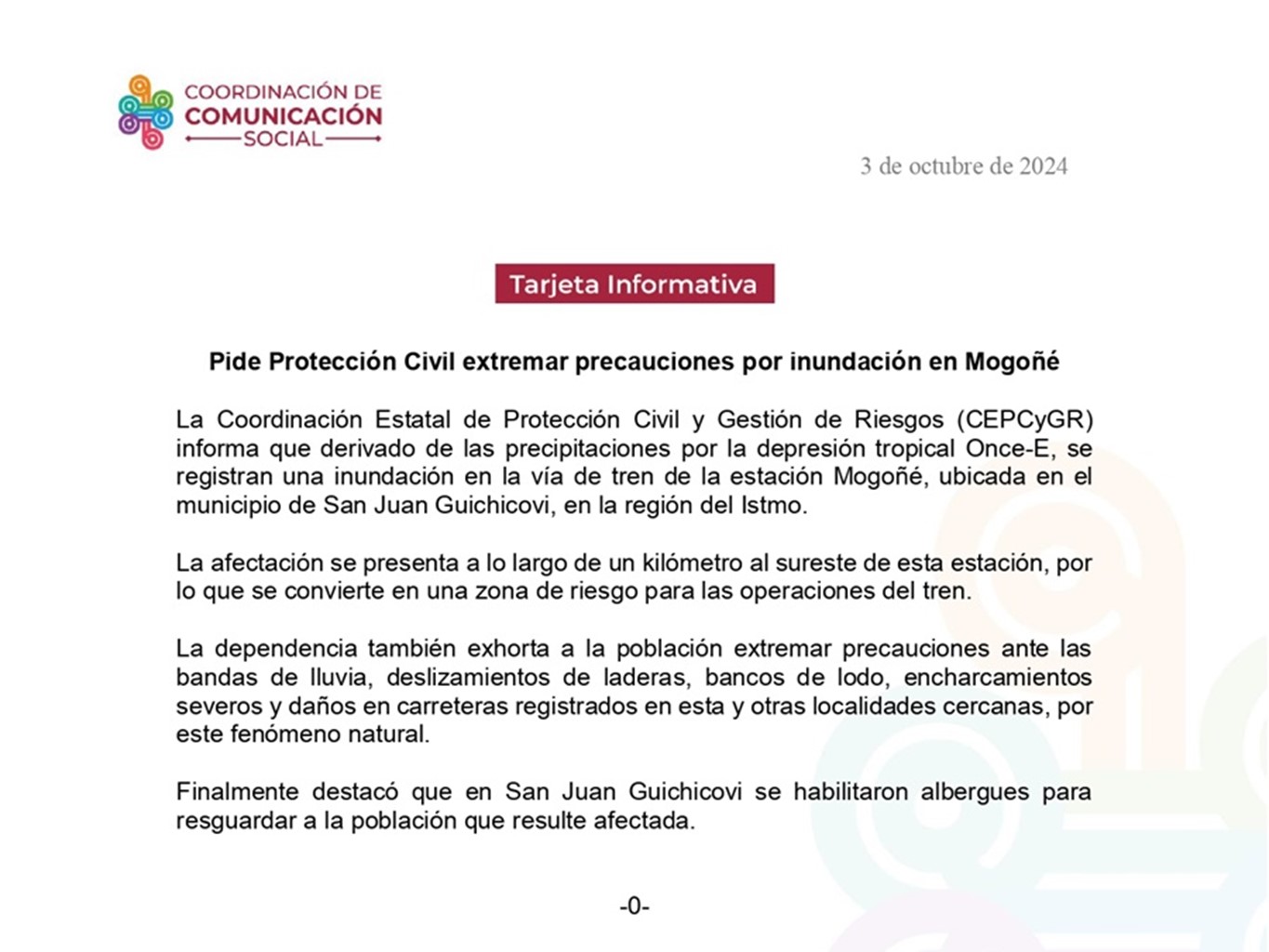 Pide Protección Civil extremar precauciones por inundación en Mogoñé