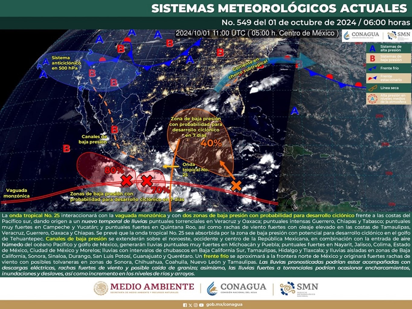 Onda tropical número 25 mantendrá lluvias de intensidad variable en Oaxaca