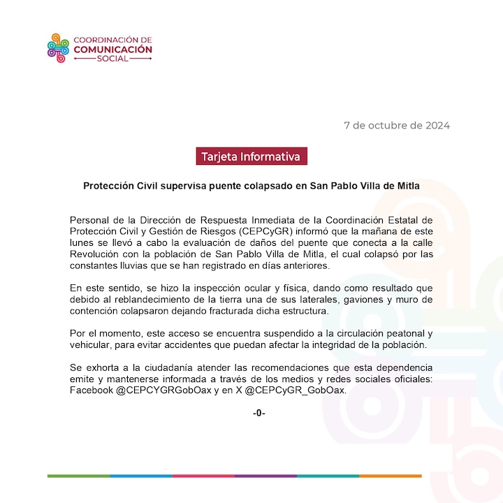 Protección Civil supervisa puente colapsado en San Pablo Villa de Mitla