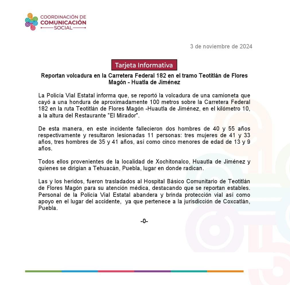 Reportan volcadura en la Carretera Federal 182 en el tramo Teotitlán de Flores Magón – Huautla de Jiménez 