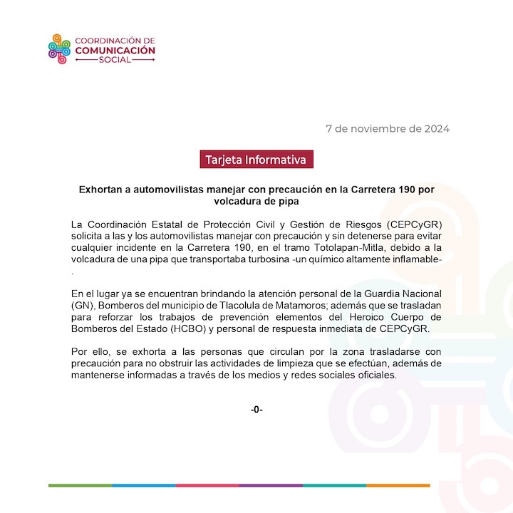 Exhortan a automovilistas manejar con precaución en la Carretera 190 por volcadura de pipa
