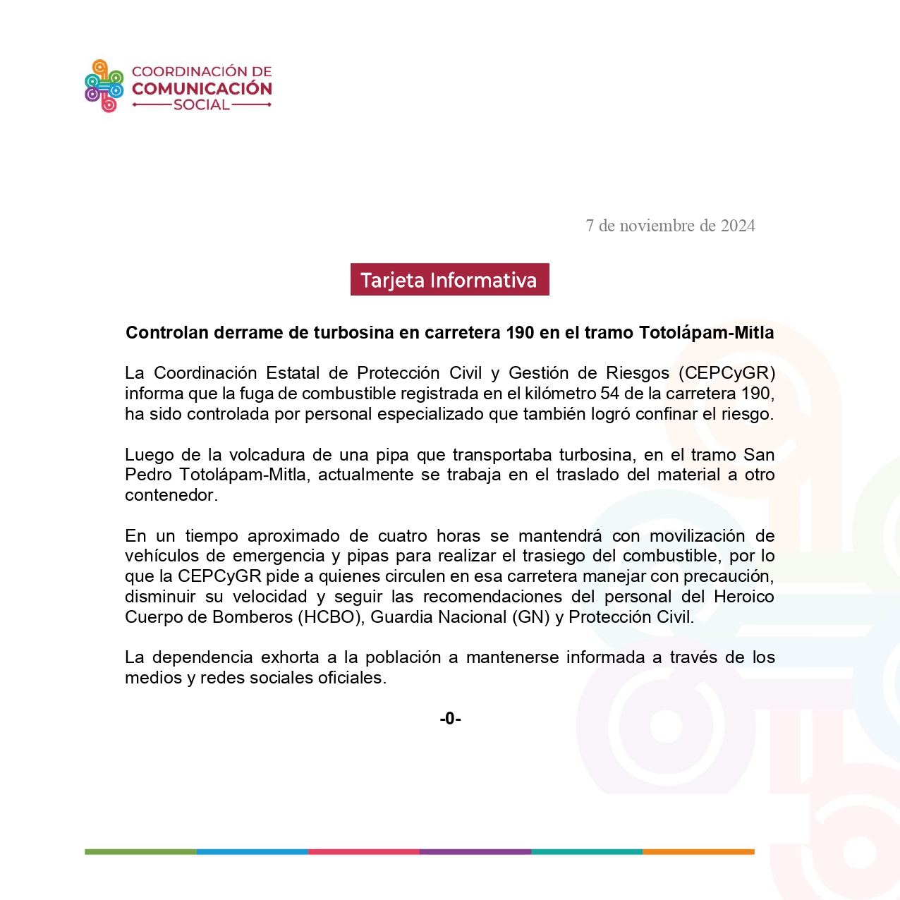 Controlan derrame de turbosina en carretera 190 en el tramo Totolápam-Mitla