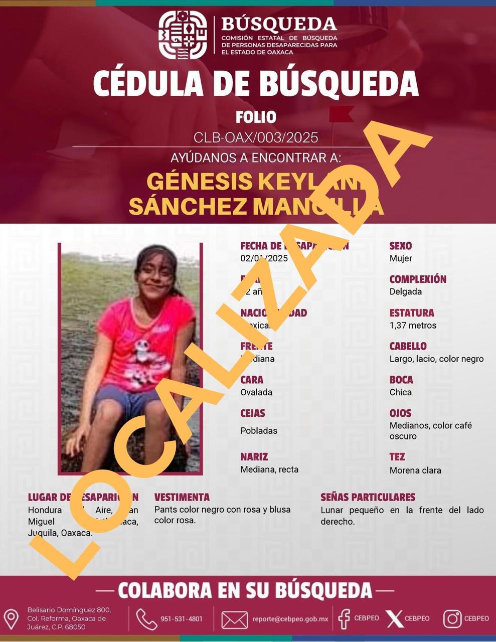 Localizan con vida a Génesis Keylani Sánchez Mancilla