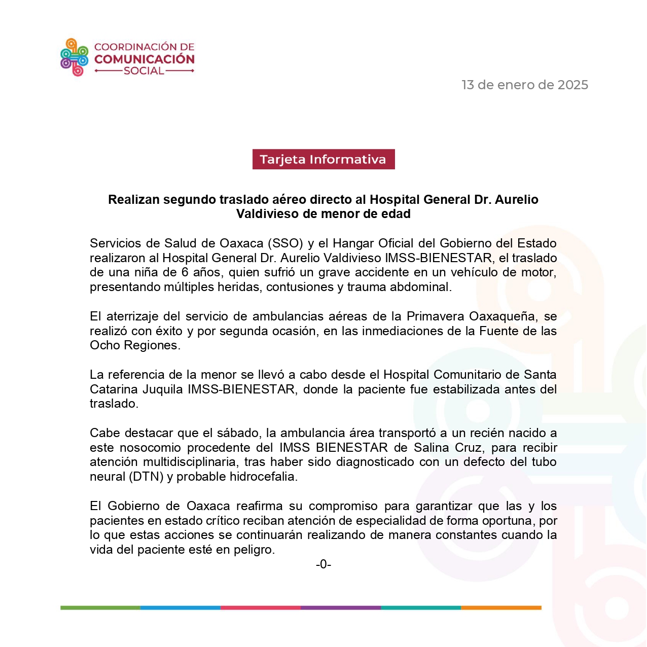 Realizan segundo traslado aéreo directo al Hospital General Dr. Aurelio Valdivieso de menor de edad