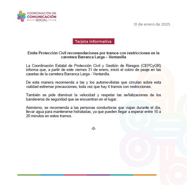 Emite Protección Civil recomendaciones por tramos con restricciones en la carretera Barranca Larga – Ventanilla