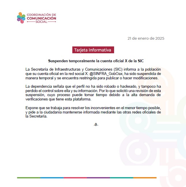 Suspenden temporalmente la cuenta oficial X de la SIC
