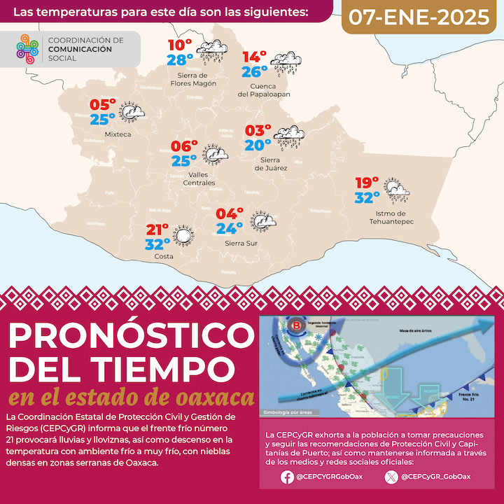 Frente frío número 21 mantendrá ambiente frío a muy frío en Oaxaca