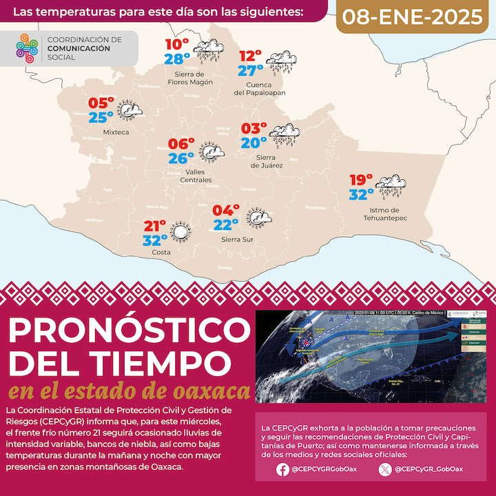Frente frío número 21 mantendrá lluvias y bajas temperaturas en Oaxaca