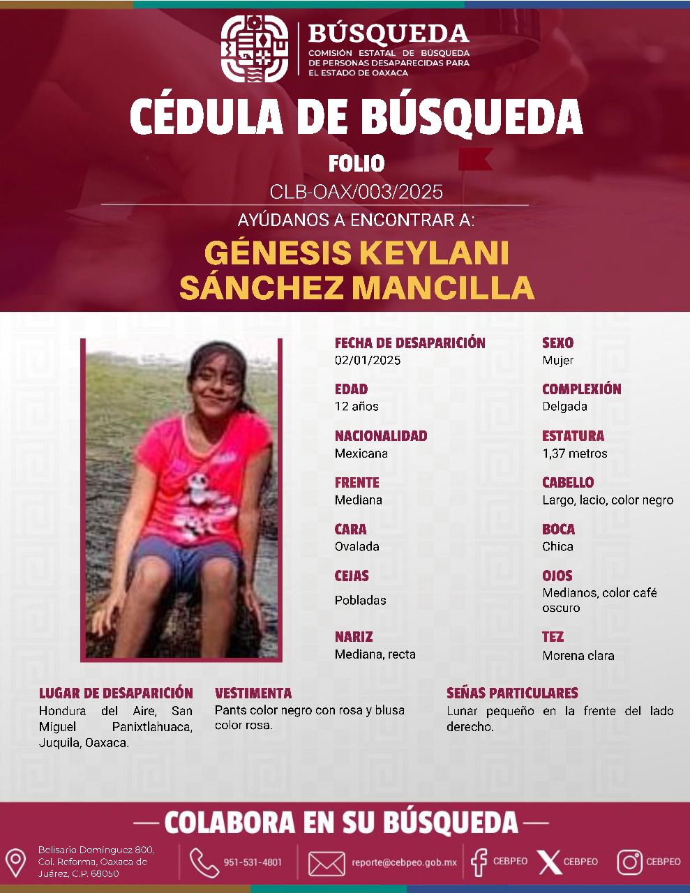 Intensifican búsqueda de Génesis Keylani Sánchez Mancilla