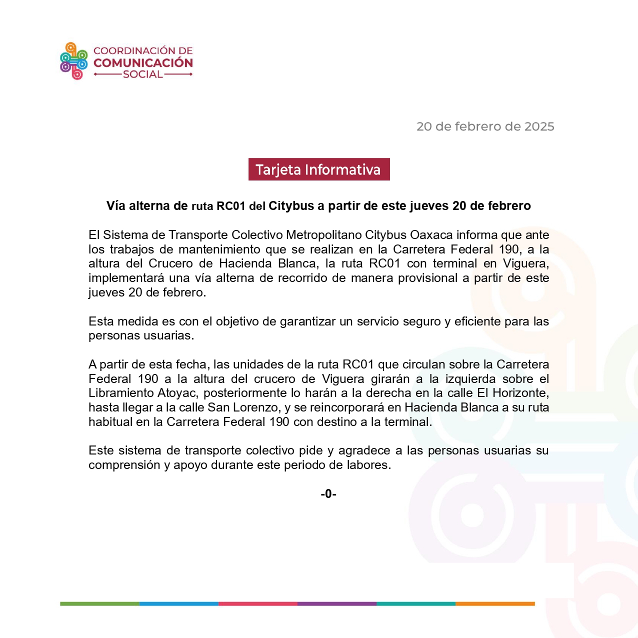 Vía alterna de ruta RC01 del Citybus a partir de este jueves 20 de febrero