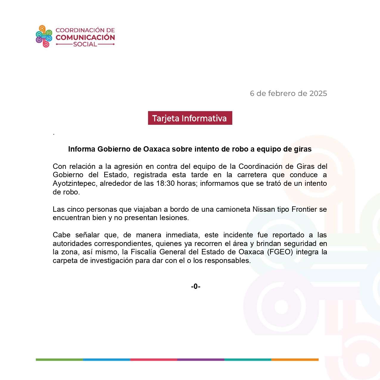 Informa Gobierno de Oaxaca sobre intento de robo a equipo de giras