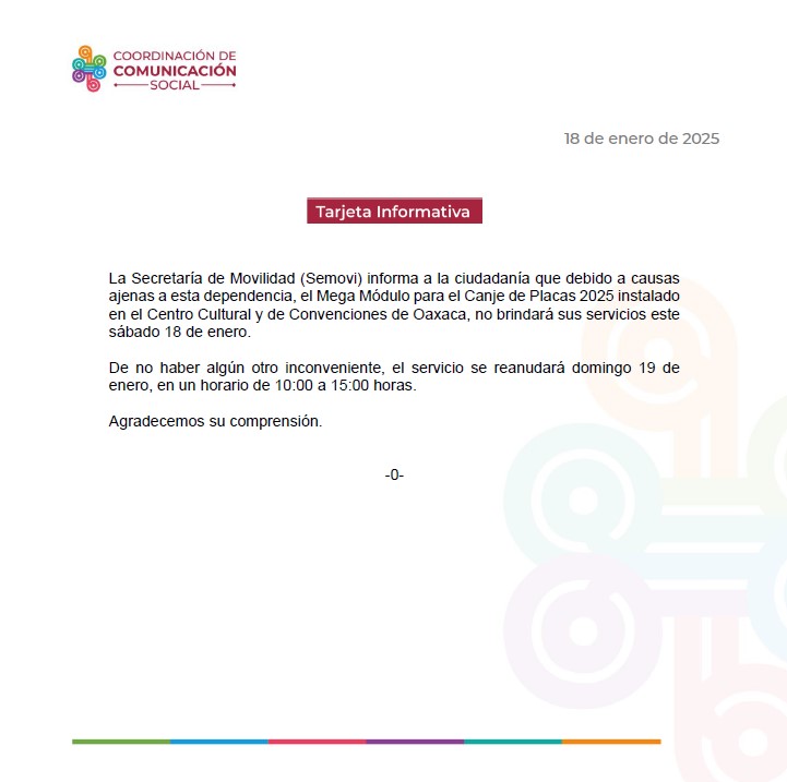 La Secretaría de Movilidad (Semovi) informa a la ciudadanía que debido a causas ajenas a esta dependencia