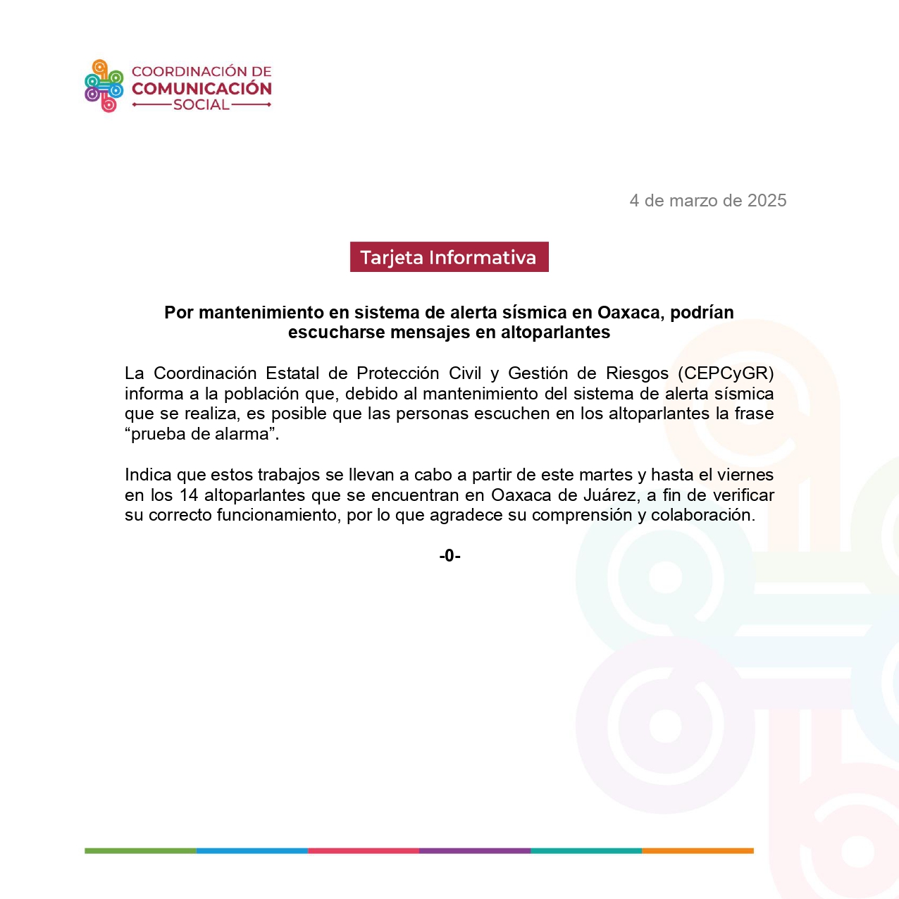 Por mantenimiento en sistema de alerta sísmica en Oaxaca, podrían escucharse mensajes en altoparlantes