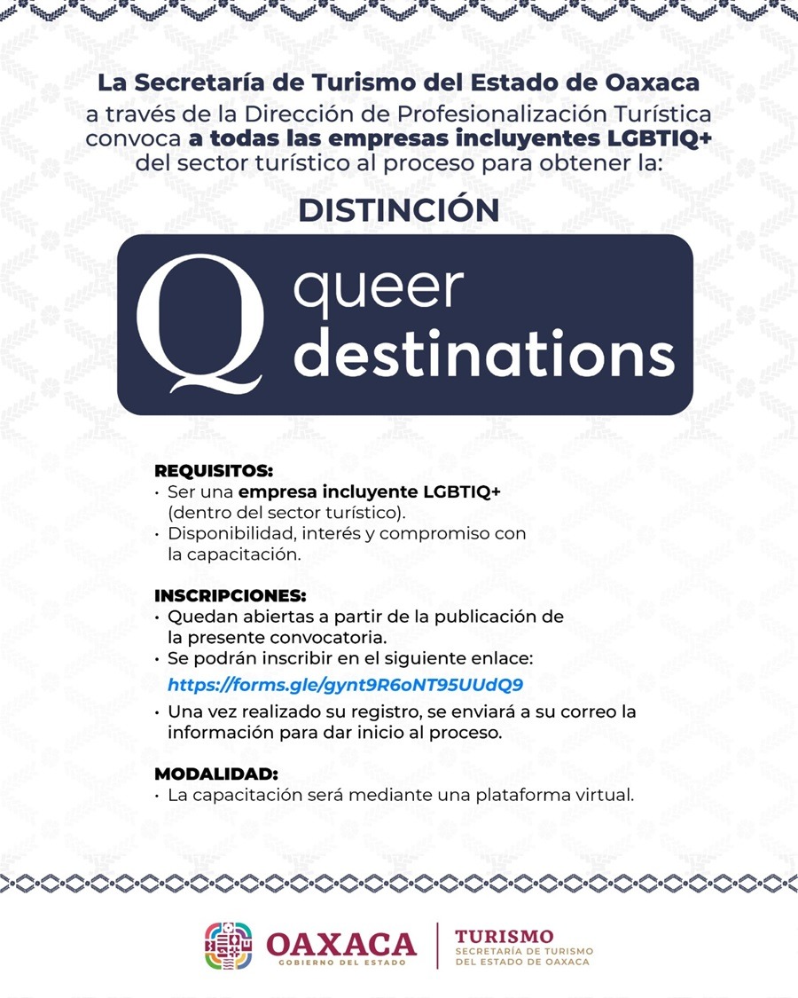 Convoca Sectur Oaxaca a empresas turísticas a obtener la distinción Queer Destinations