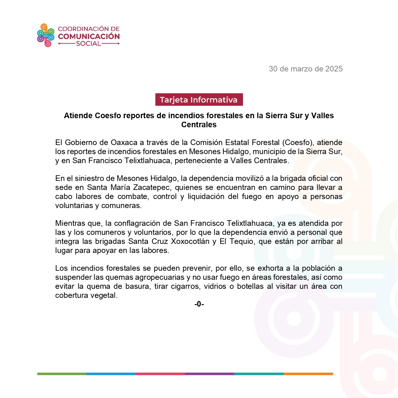 Atiende Coesfo reportes de incendios forestales en la Sierra Sur y Valles Centrales
