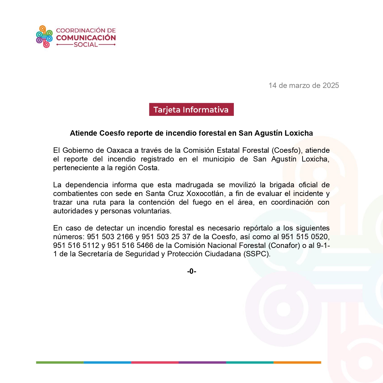 Atiende Coesfo reporte de incendio forestal en San Agustín Loxicha