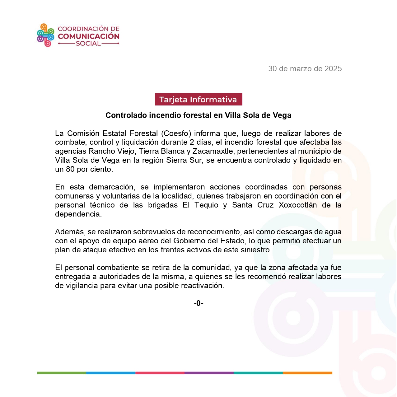 Controlado incendio forestal en Villa Sola de Vega