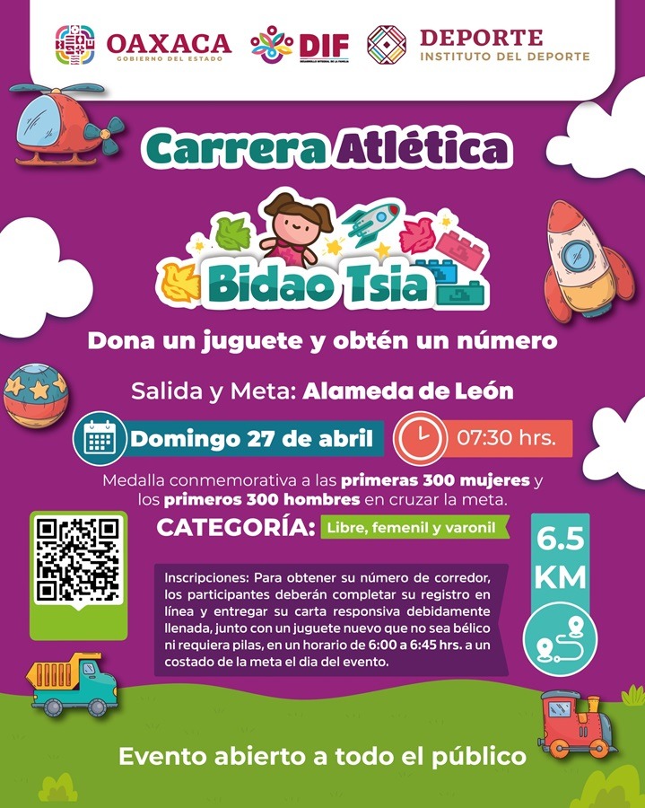Invita DIF Oaxaca a la carrera atlética de la campaña Bidao Tsia, un juguete, una ilusión