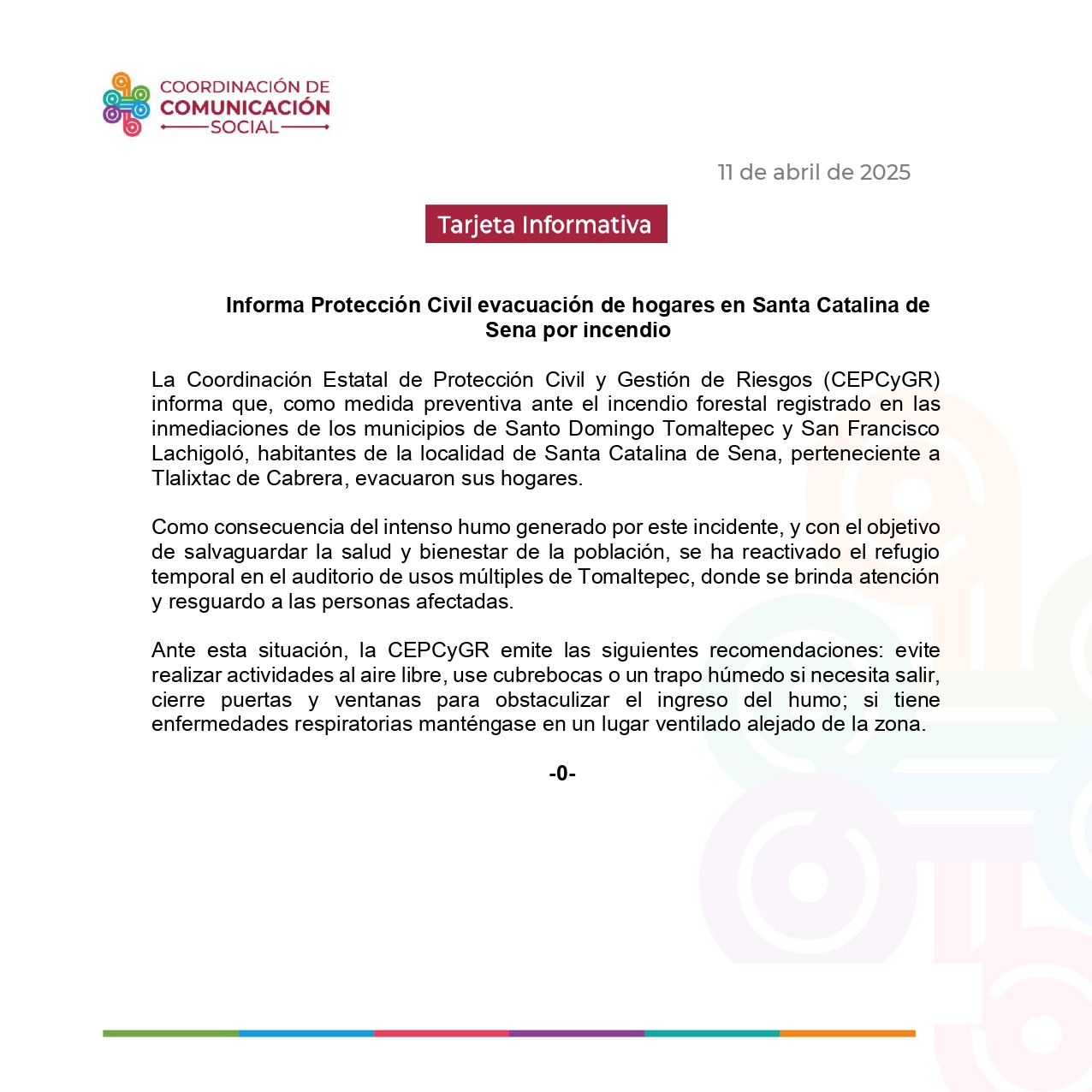 Informa Protección Civil evacuación de hogares en Santa Catalina de Sena por incendio