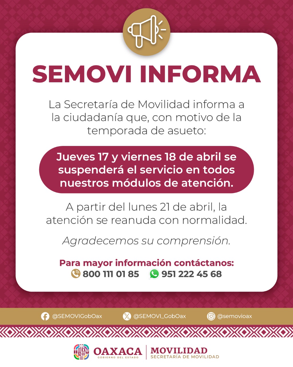 Informa Semovi ajuste en horario de atención en módulos por temporada de asueto