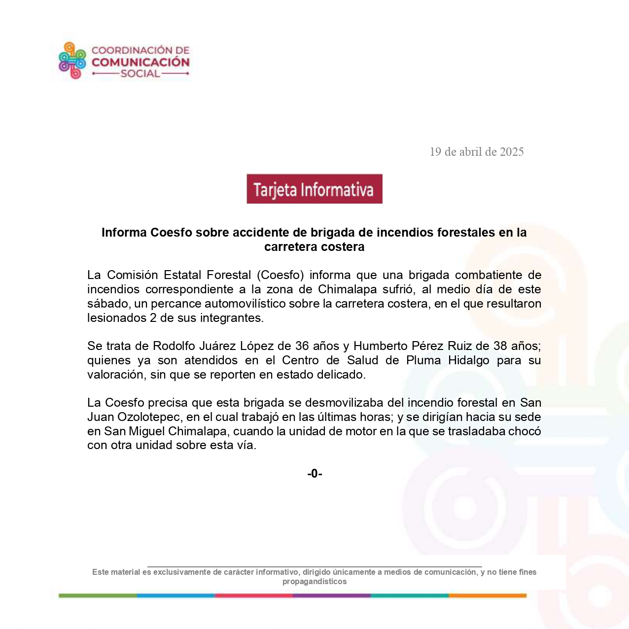 Informa Coesfo sobre accidente de brigada de incendios forestales en la carretera costera