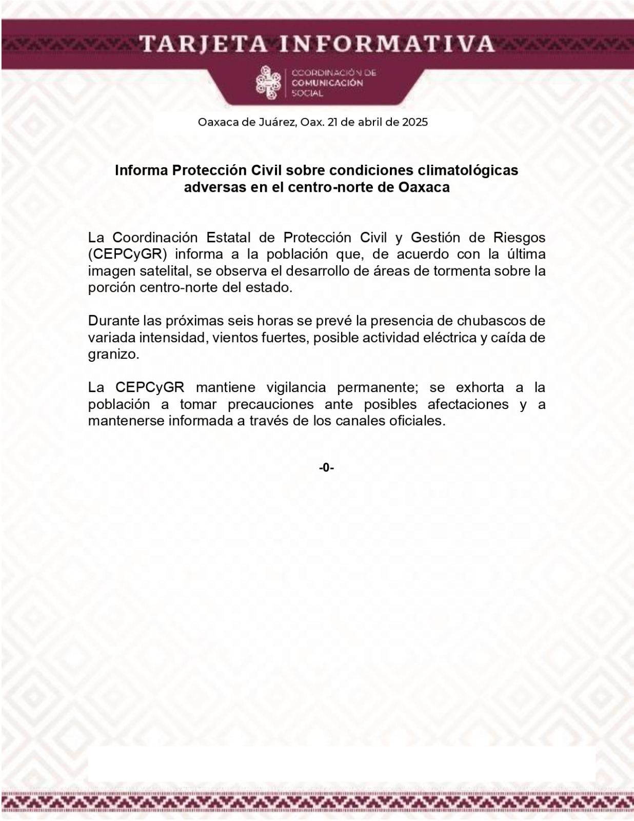 Informa Protección Civil sobre condiciones climatológicas adversas en el centro-norte de Oaxaca