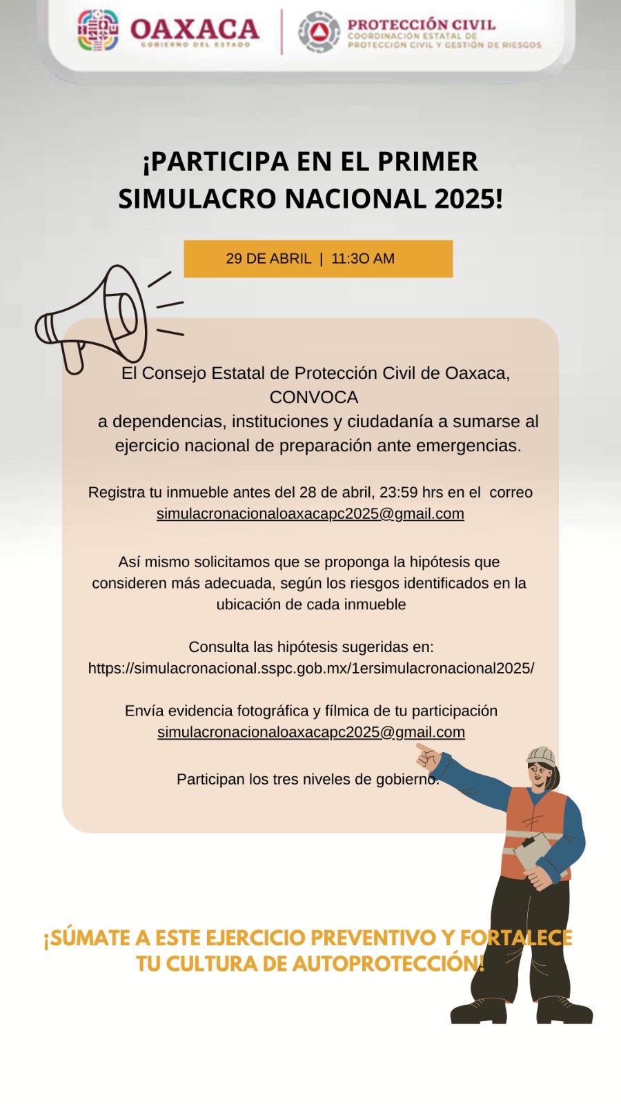 Convoca Protección Civil a municipios e instituciones públicas y privadas al Simulacro Nacional 2025