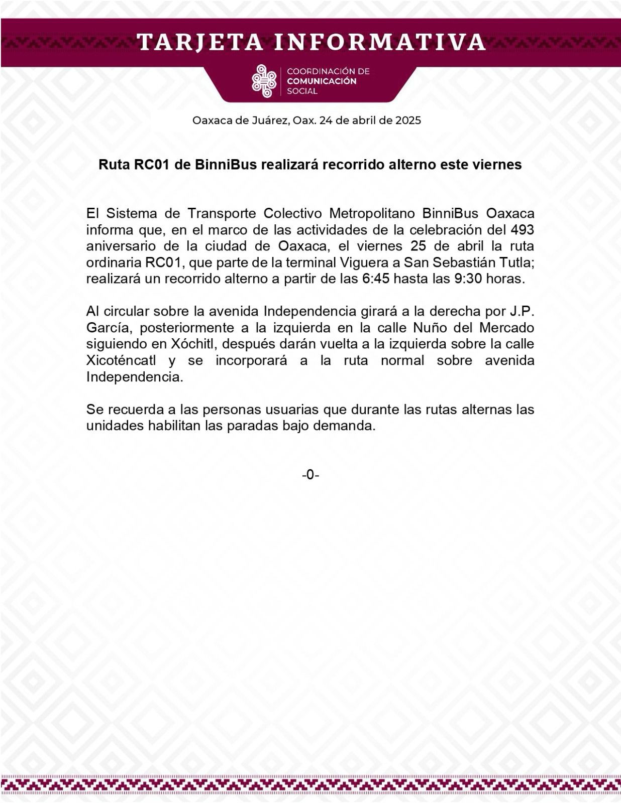 Ruta RC01 de BinniBus realizará recorrido alterno este viernes