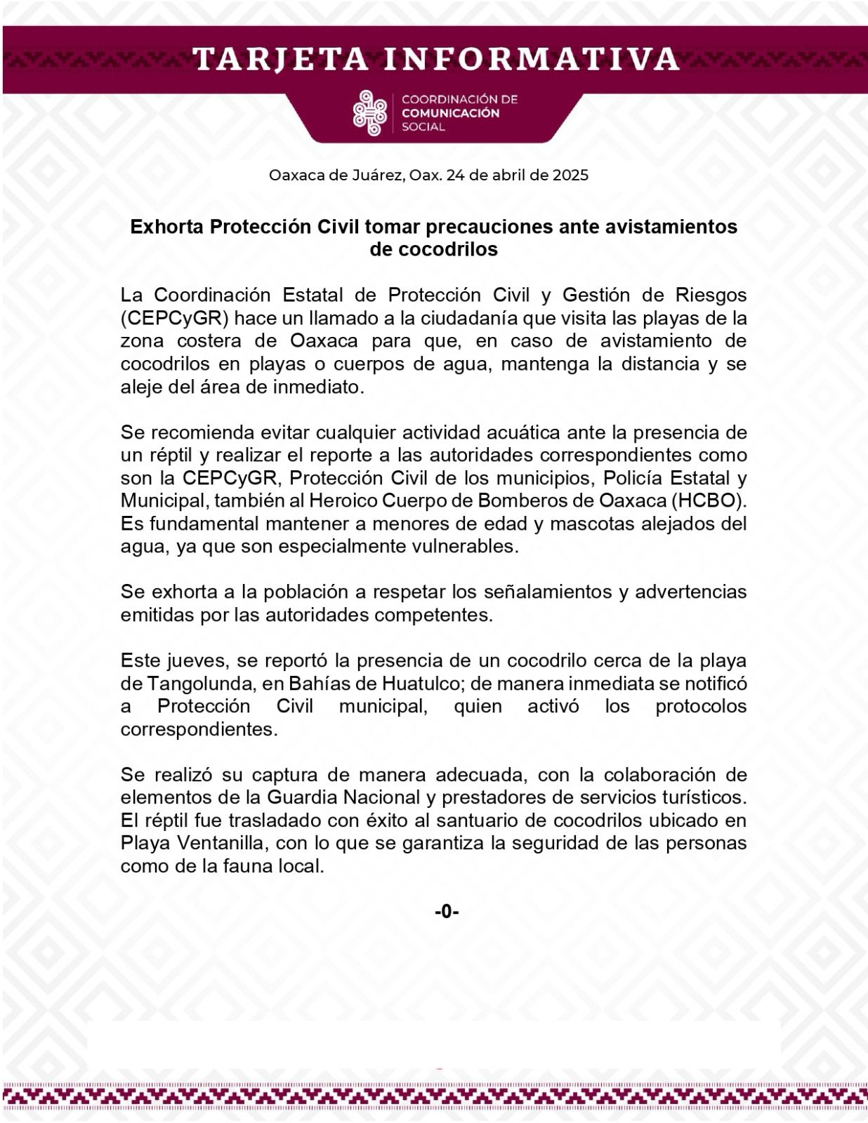 Exhorta Protección Civil tomar precauciones ante avistamientos de cocodrilos