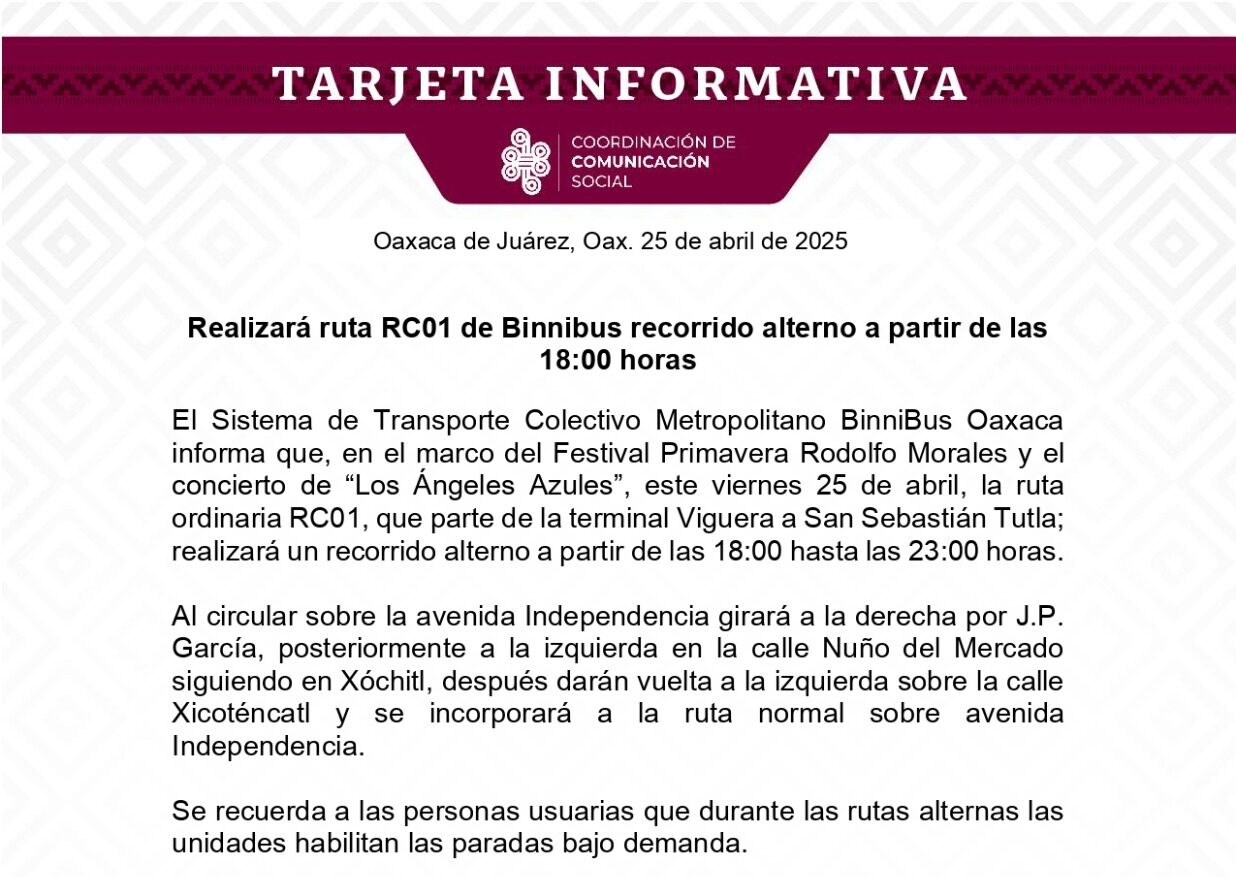 Realizará ruta RC01 de Binnibus recorrido alterno a partir de las 18:00 horas