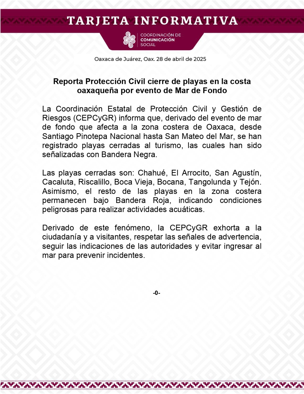Reporta Protección Civil cierre de playas en la costa oaxaqueña por evento de Mar de Fondo