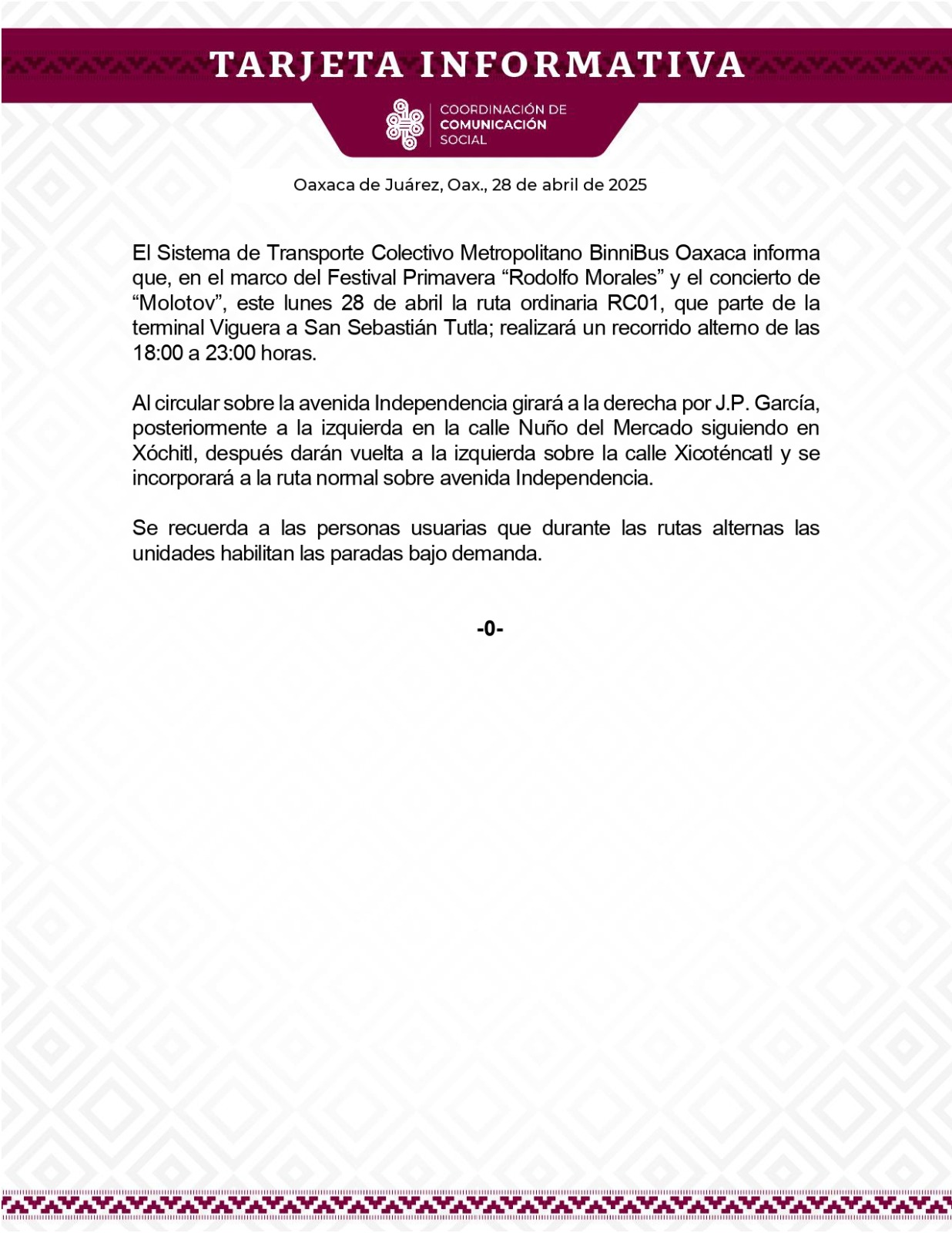 El Sistema de Transporte Colectivo Metropolitano BinniBus Oaxaca informa