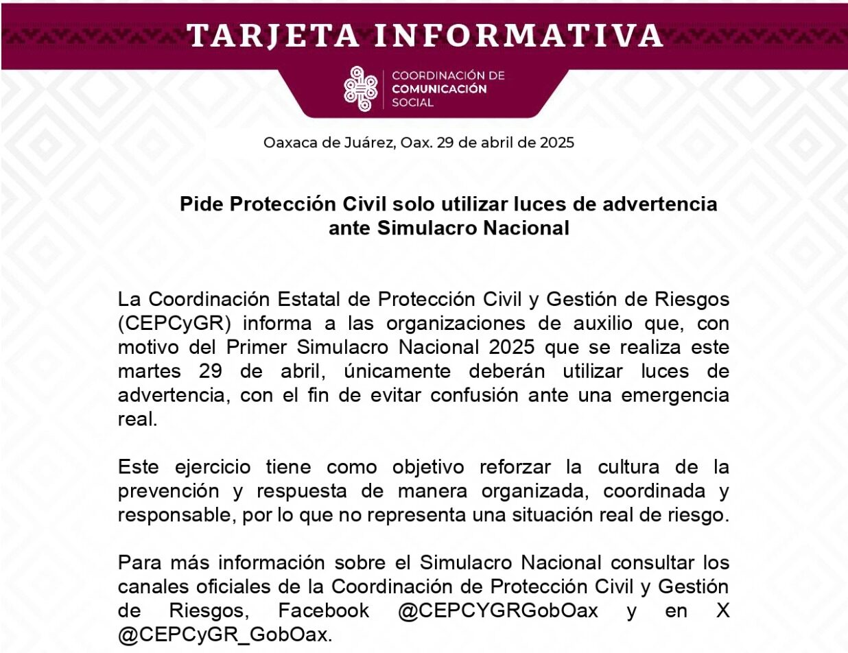 Pide Protección Civil solo utilizar luces de advertencia ante Simulacro Nacional