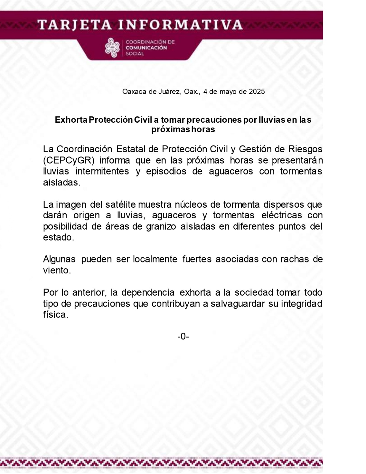 Exhorta Protección Civil a tomar precauciones por lluvias en las próximas horas
