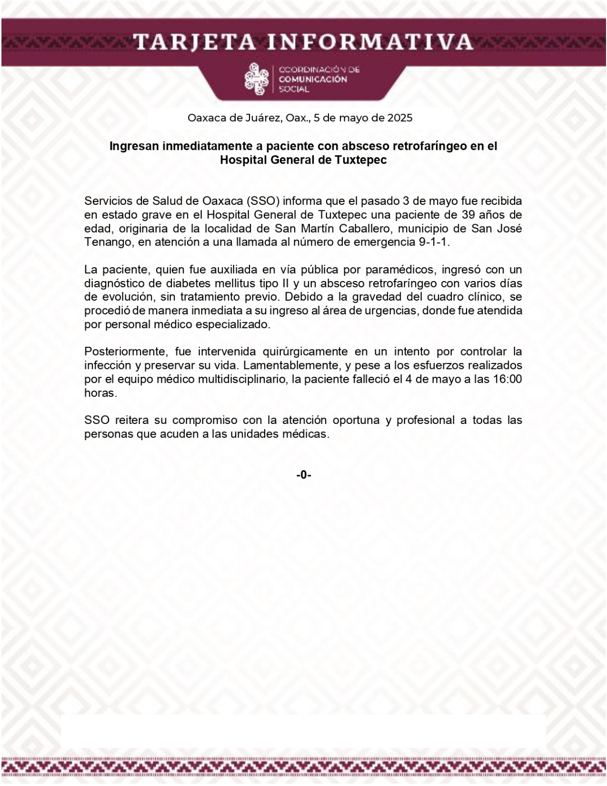 Ingresan inmediatamente a paciente con absceso retrofaríngeo en el Hospital General de Tuxtepec